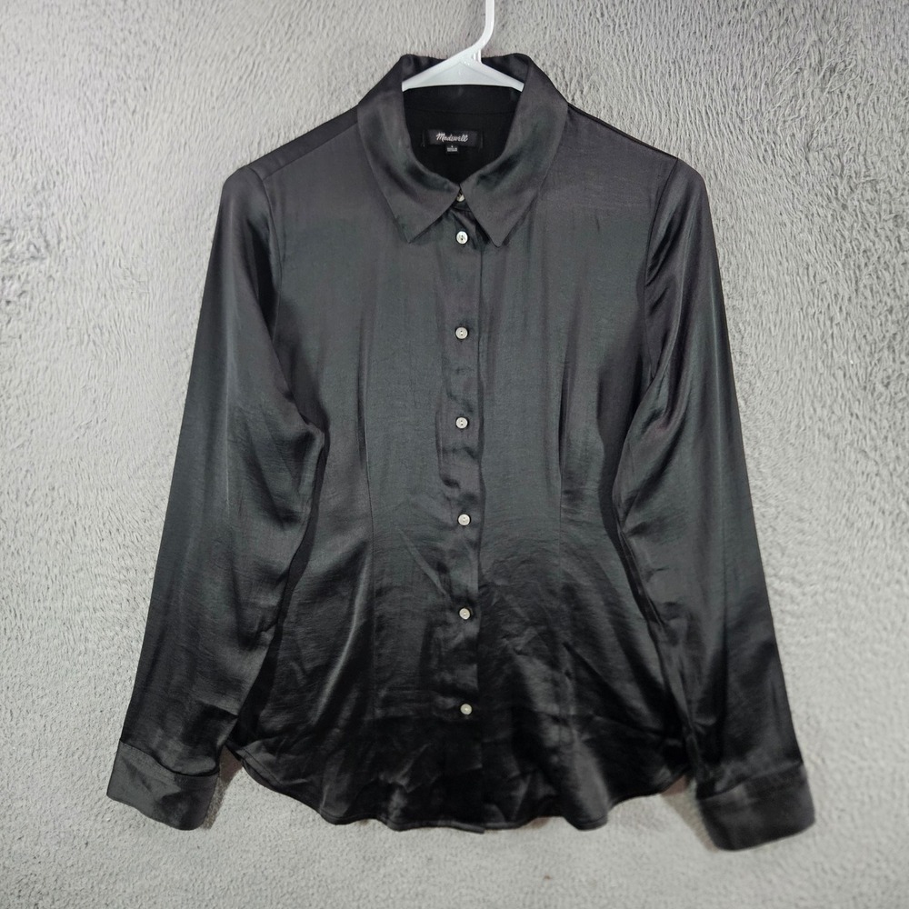 Madewell Womens Black Satin Button Down Shirt Blouse Size 4 Long Sleeve EcoVero